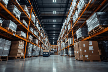 Fototapeta premium A perspective view of a warehouse aisle lined with stacked pallets and storage shelves creating an organized and spacious atmosphere