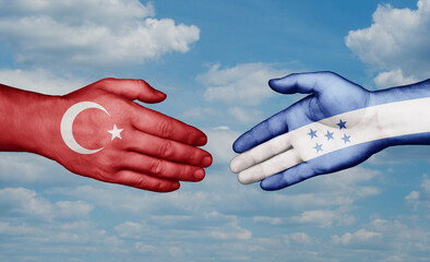 Honduras and Turkey country handshaking with flags, consensus concept international co-operation illustration