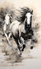 The subject of the painting is horses running in the open countryside. A fast sprint increases the chance of victory. Japan traditional sumi-e painting. Water blurred ink painting.
