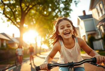Portrait of a girl riding a bike on a tree-lined street, friends in the background.
