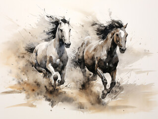 Fototapeta premium The motif of the painting includes two horses sprinting along a sandy path. Japan traditional sumi-e painting. Water blurred ink painting.