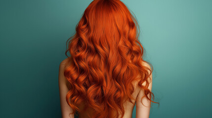 Curly red hair closeup, no face. Back view of beautiful ginger woman with long wavy hair.