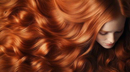 Curly red hair closeup, no face. Back view of beautiful ginger woman with long wavy hair.