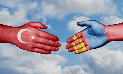 Mongolia and Turkey country handshaking with flags, consensus concept international co-operation illustration