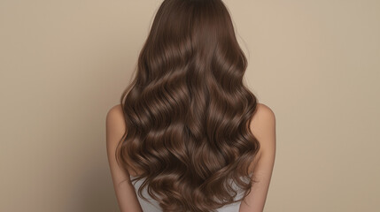 Curly brown hair closeup, no face. Back view of beautiful brown haired woman with long wavy hair.