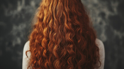 Curly red hair closeup, no face. Back view of beautiful ginger woman with long wavy hair.