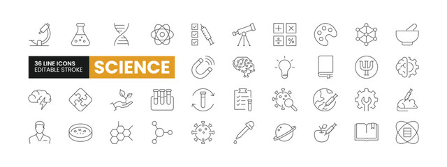 Set of 36 Science line icons set. Science outline icons with editable stroke collection. Includes Astronomy, Data Science, Physics, Scientist, Organic Chemistry, and More.