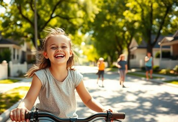 Obraz premium Portrait of a girl riding a bike on a tree-lined street, friends in the background.