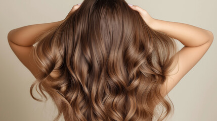 Curly brown hair closeup, no face. Back view of beautiful brown haired woman with long wavy hair.