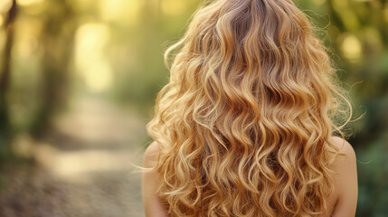 Curly blond hair closeup, no face. Back view of beautiful blond woman with long wavy hair.