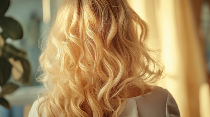 Curly blond hair closeup, no face. Back view of beautiful blond woman with long wavy hair.