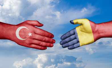 Romania and Turkey country handshaking with flags, consensus concept international co-operation illustration