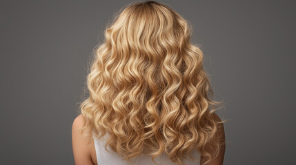 Curly blond hair closeup, no face. Back view of beautiful blond woman with long wavy hair.