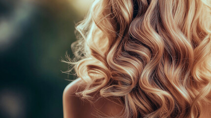 Curly blond hair closeup, no face. Back view of beautiful blond woman with long wavy hair.