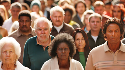 Fototapeta premium Crowded urban street scene with diverse faces representing various age groups and ethnicities, symbolizing demographic diversity and multiculturalism, with ample copy space for text or design elements