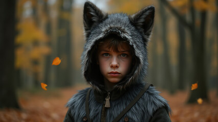 A young boy in a wolf-themed hoodie stands in a forest during autumn, with a calm expression, blending the quiet atmosphere of the woods with the adventurous spirit of quadrobics.