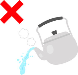 ヤカンから出る熱湯とバツ印、熱湯禁止