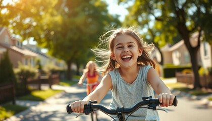 Naklejka premium Portrait of a girl riding a bike on a tree-lined street, friends in the background.