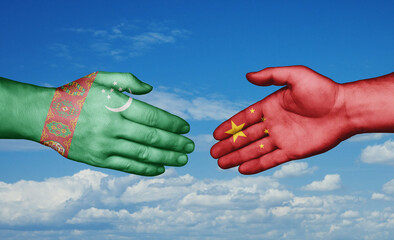 China and Turkmenistan country handshaking with flags, consensus concept international co-operation illustration