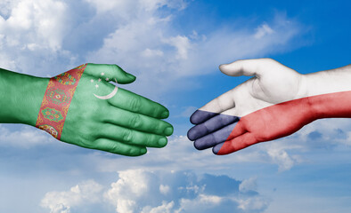 Czech Republic and Turkmenistan country handshaking with flags, consensus concept international co-operation illustration