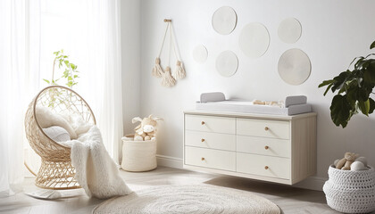 Editorial photo of a modern nursery with geometric wall decals, a changing table, and neutral-toned decor