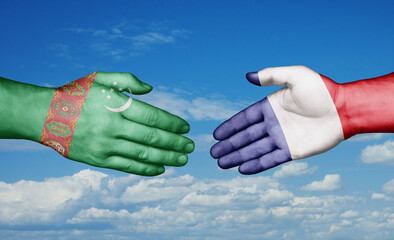 Turkmenistan and France country handshaking with flags, consensus concept international co-operation illustration