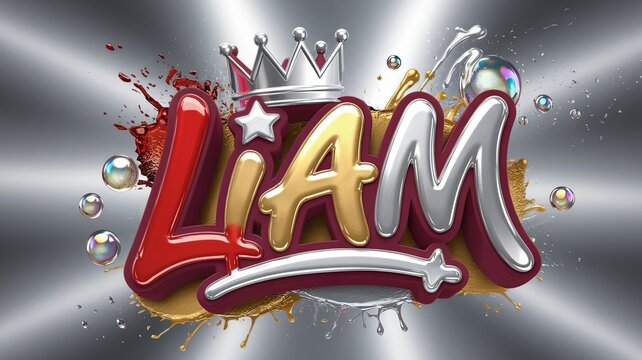 3D logo Name design for Liam with vibrant and bright letters. The name is bathed in a mesmerizing mix of red, gold, silver and white, Generative AI