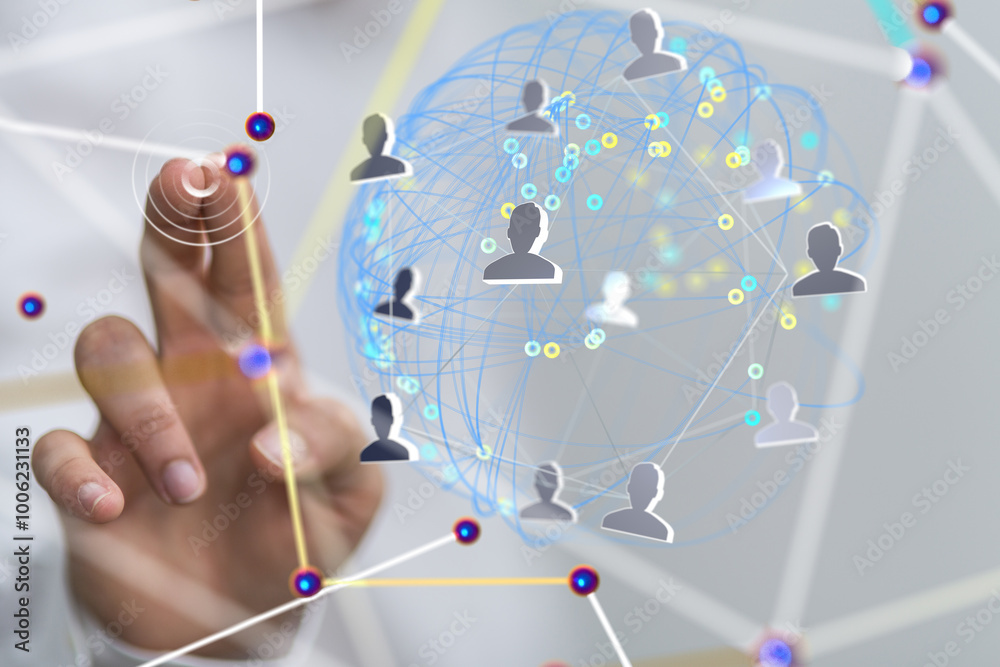 Poster Global network. Blockchain. 3D illustration. Neural networks and artificial intelligence. Abstract