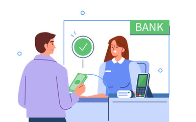 Bank cashier, teller at cash department window in bank office get money deposit from customer. Financial worker at work. Vector illustration.