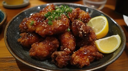 A plate of crispy and flavorful karaage, Japanese-style fried chicken marinated in soy sauce, ginger, and garlic, served with a squeeze of lemon.