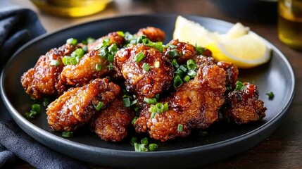 A plate of crispy and flavorful karaage, Japanese-style fried chicken marinated in soy sauce, ginger, and garlic, served with a squeeze of lemon.