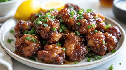 A plate of crispy and flavorful karaage, Japanese-style fried chicken marinated in soy sauce, ginger, and garlic, served with a squeeze of lemon.