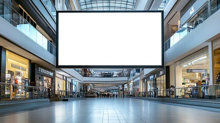 A large, blank LED screen in a sleek, modern shopping mall, surrounded by glass railings and stores, emphasizing a commercial setting with ample space for promotional content.