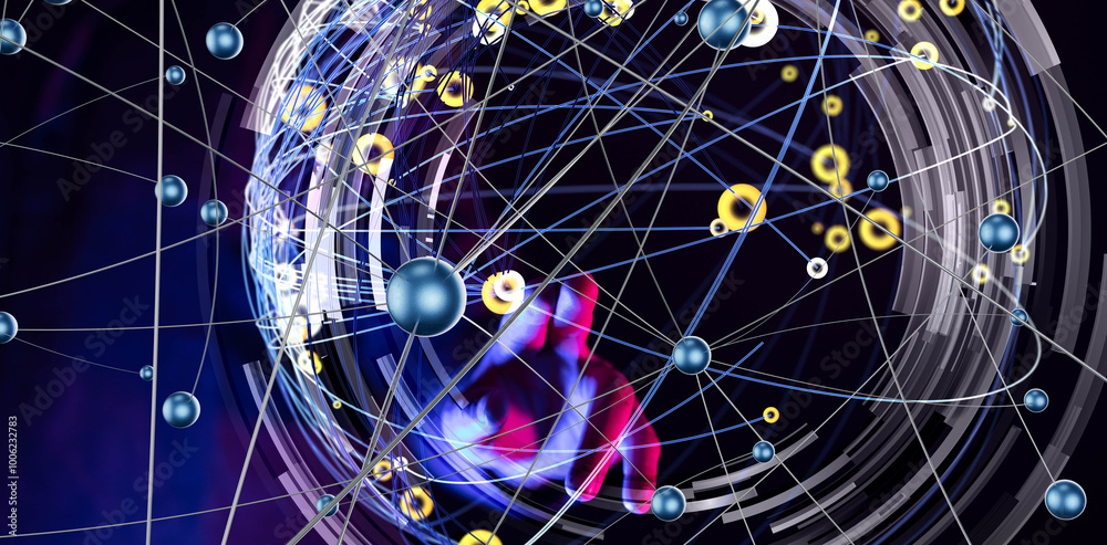 Poster Global network. Blockchain. 3D illustration. Neural networks and artificial intelligence. Abstract