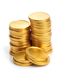 A lot of stacking gold coins isolated on a white background. Earning profit business concept. Generative AI