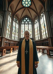 Naklejka premium Wide-angle portrait of a priest in a bright, airy, historical church.
