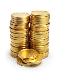 A lot of stacking gold coins isolated on a white background. Earning profit business concept. Generative AI