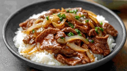 Fototapeta premium A plate of delicious donburi topped with thinly sliced beef and onions simmered in a sweet and savory sauce, served over a bowl of fluffy rice.