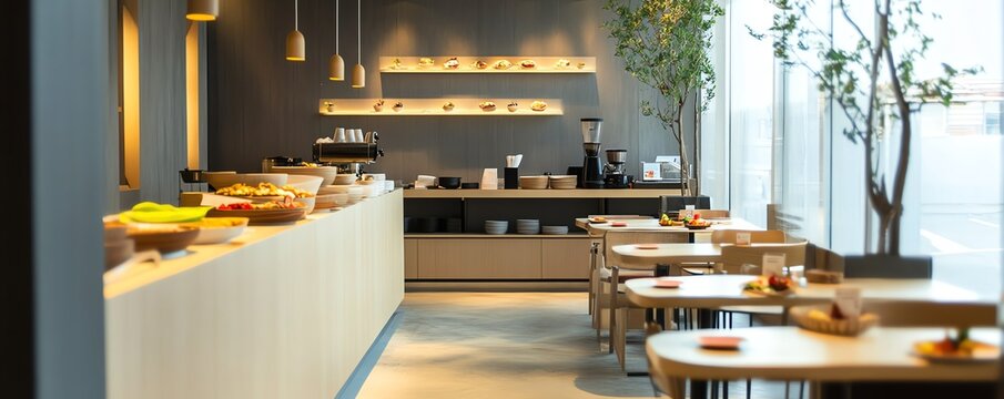 High-angle view of a minimalist popup cafe, vibrant dishes artistically arranged, soft lighting creating a warm ambiance