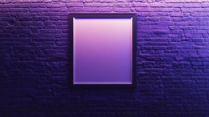 Black frame hanging on a purple brick wall with copy space