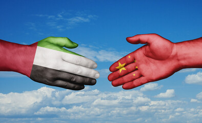 China and United Arab Emirates country handshaking with flags, consensus concept international co-operation illustration
