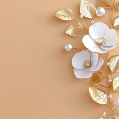 Obraz premium On a golden background, 3D wallpaper with flowers with stems and leaves