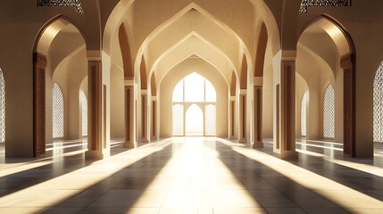 Fototapeta premium Golden Hour in a Sacred Space: Sunbeams illuminate the intricate arches and ornate details of a grand mosque interior, creating a serene and spiritual atmosphere. 