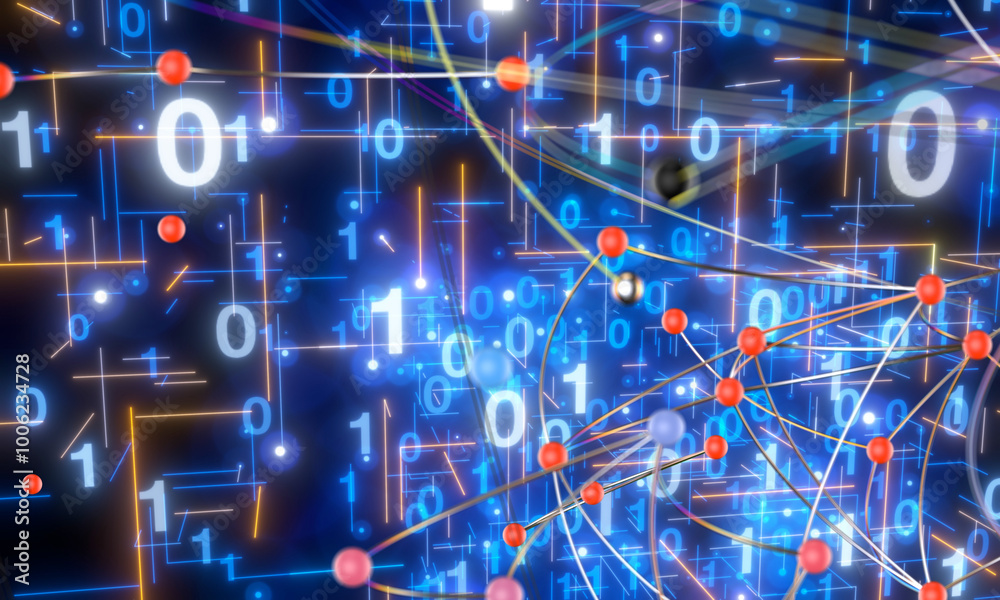 Poster Neural network 3D illustration. Big data and cybersecurity - 3d