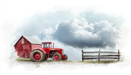 Obraz premium Farm life scene with a vintage red tractor, wooden fence, barn, and fluffy clouds in a watercolor style.