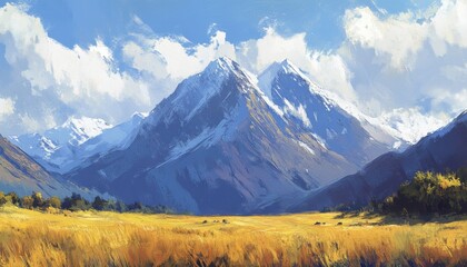 Fototapeta premium A majestic mountain range with snow capped peaks, surrounded by a vast golden field under a bright blue sky.