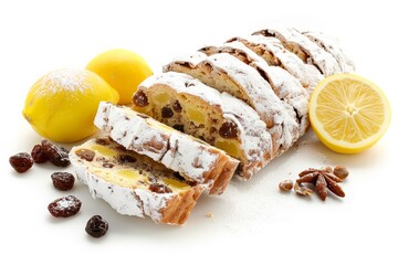 Golden-brown German Stollen dusted with powdered sugar sliced to reveal candied fruit and nuts isolated on a white background