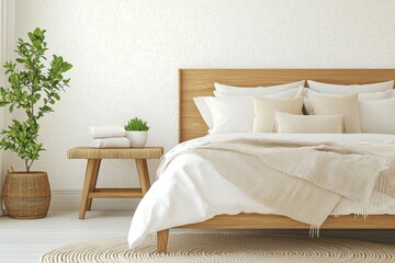 A white and orange farmhouse bedroom mockup. Wood furniture and wallpaper. Boho design. Stock image
