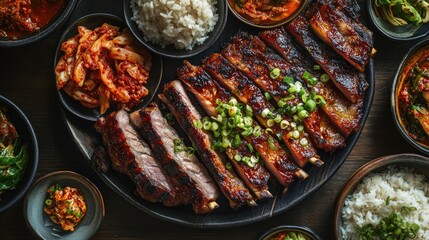 A barbecue platter piled high with grilled pork belly, served with a side of spicy kimchi and steamed rice, creating a delicious Korean-inspired meal.