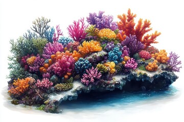 isolated coral reef teeming with vivid marine life surrounded by crystal clear waters brightly colored corals and gentle currents minimalist white background